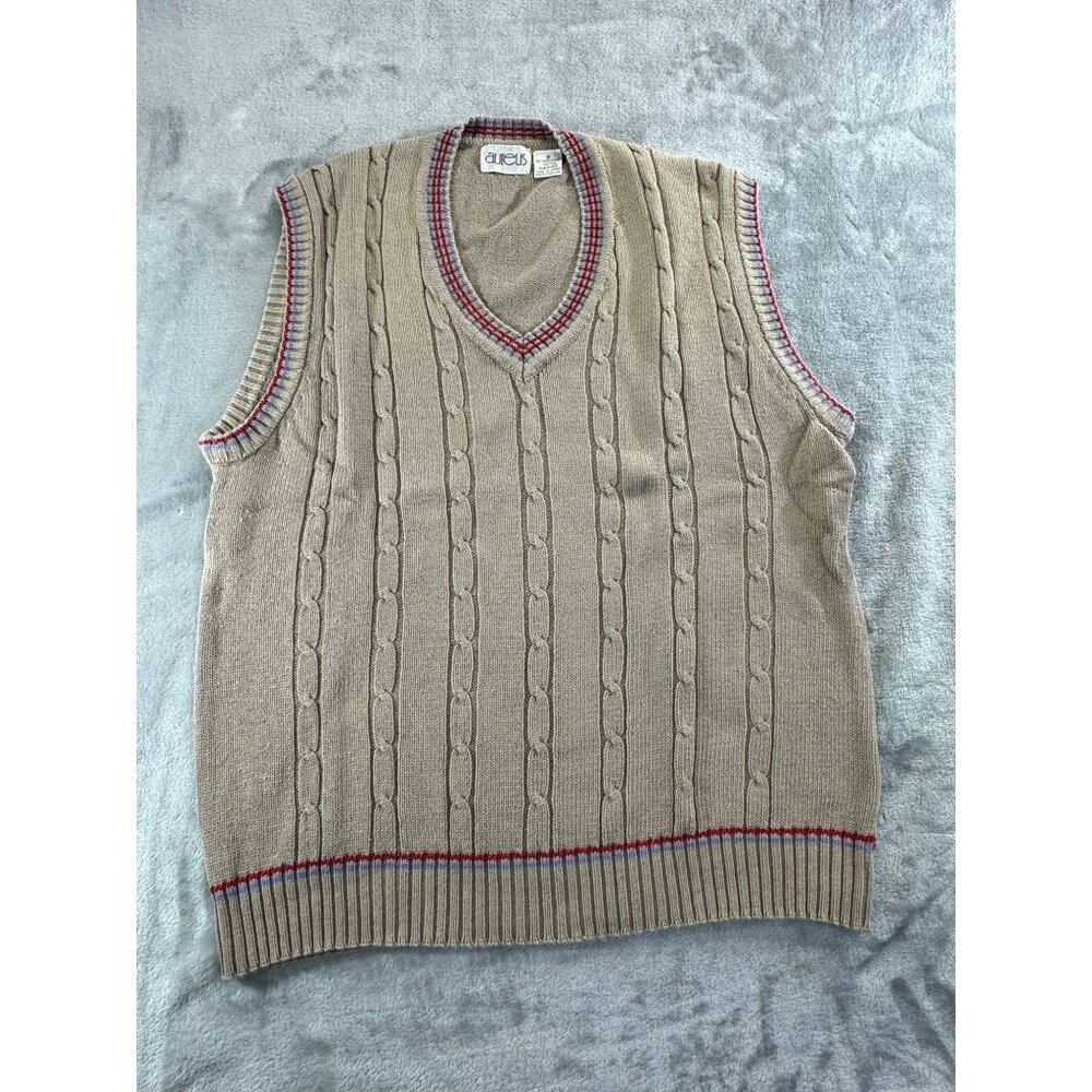 Aureus Vest Men's Small Beige with blue and red Cable Knit V-Neck Sweater Vest